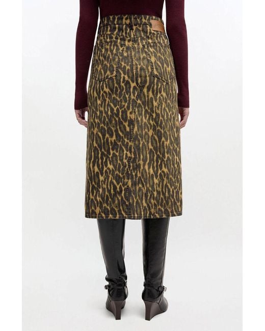 Ganni Green Leopard Print Denim Midi Skirt