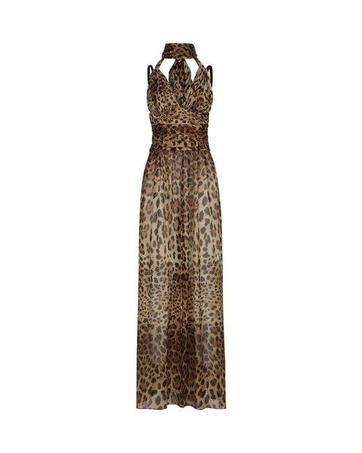 Dolce & Gabbana Natural Long Leopard-Printed Chiffon Dress