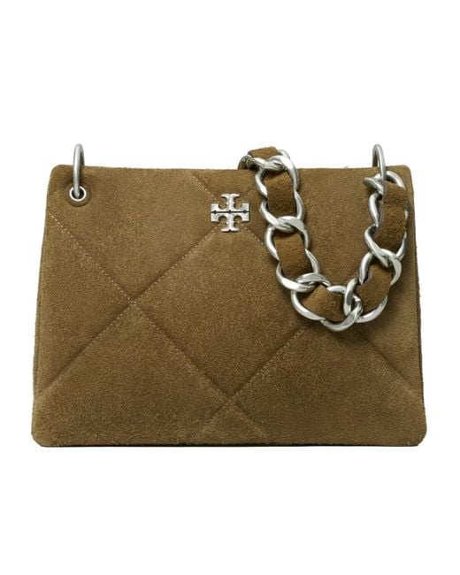 Tory Burch Green Small Kira Quilted Suede Shoulder Bag