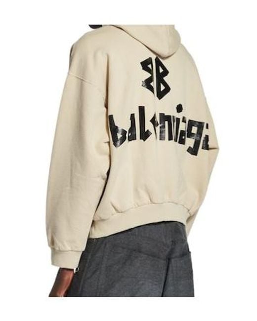 Balenciaga Natural Cotton Distressed Tape Logo Hoodie for men