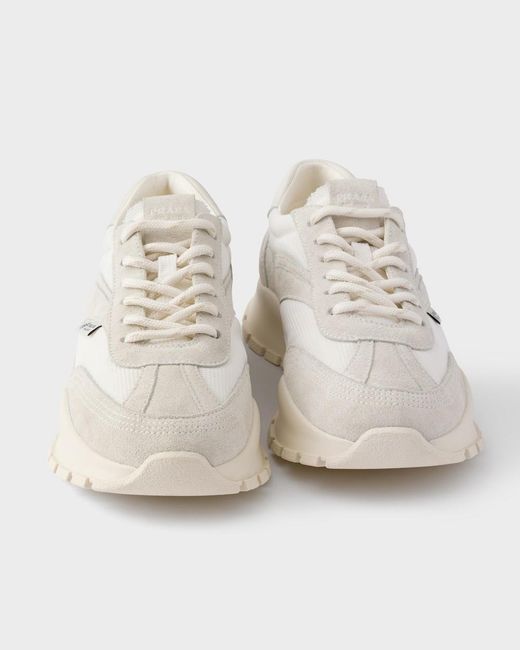 Prada White Mesh Fabric And Suede Sneakers