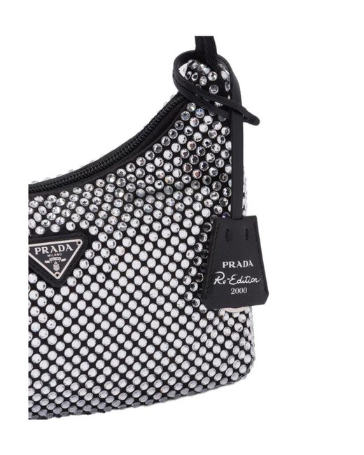 Prada Gray Re-Edition Mini Satin Bag With Crystals