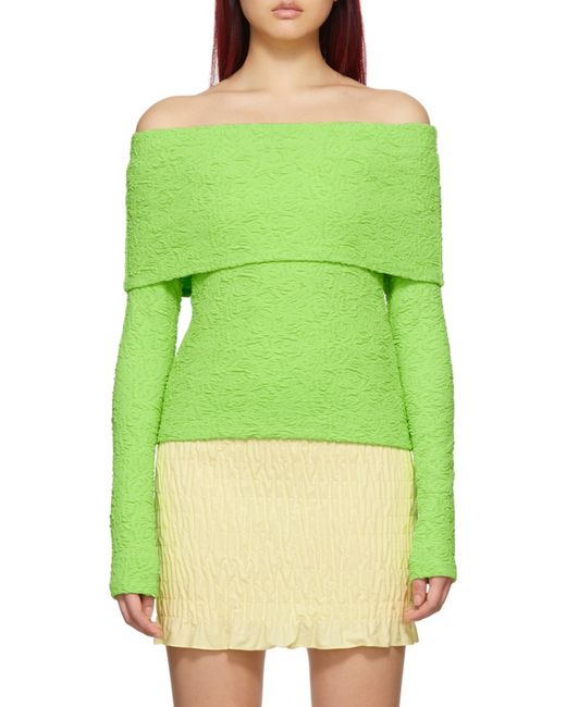 MSGM Green Embossed Off-Shoulder Long Sleeved Top