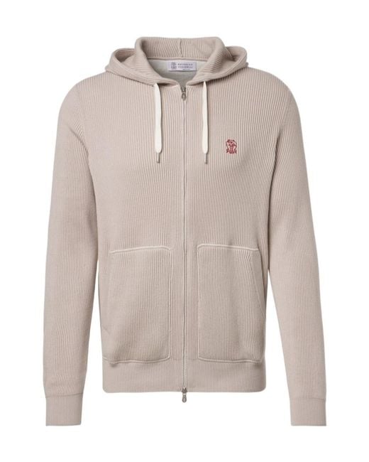 Brunello Cucinelli Gray Logo Ribbed-Knit Cotton Zip-Up Hoodie for men