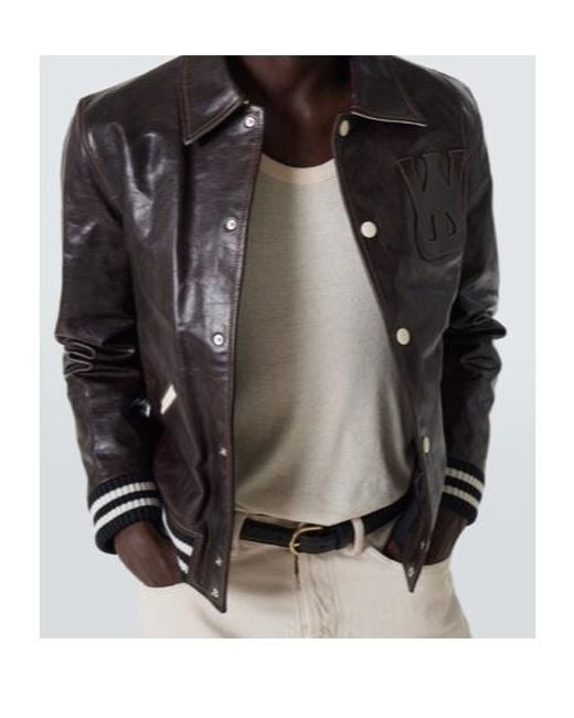 Wales Bonner Black Prince Leather Varsity Jacket for men