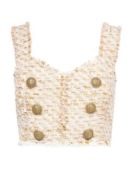 Balmain Natural Button-Embellished Tweed Cropped Top
