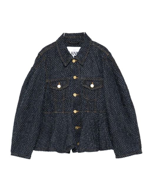 Ganni Blue Buttoned Denim Peplum Jacket