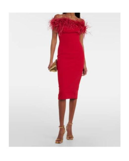 Safiyaa Red Starling Feather-Trimmed Midi Dress