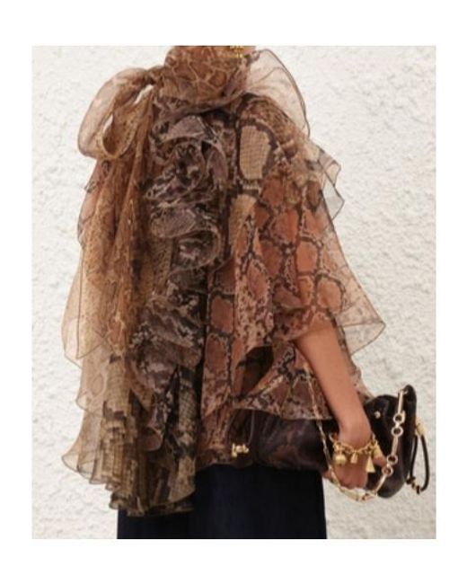 Zimmermann Brown Ruffled Snakeskin-Print Blouse