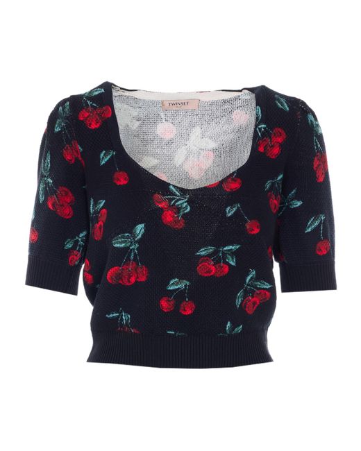 Twinset Blue Cherry-Print Short-Sleeve Knitted Top