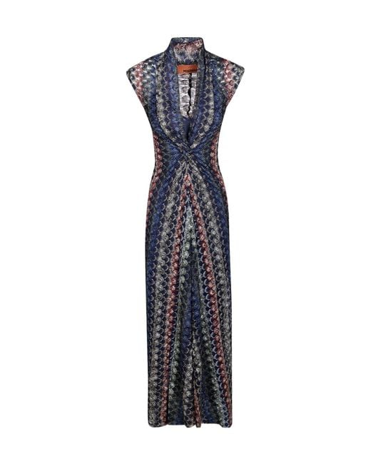Missoni Blue Zig-Zag Pattern V-Neck Midi Dress
