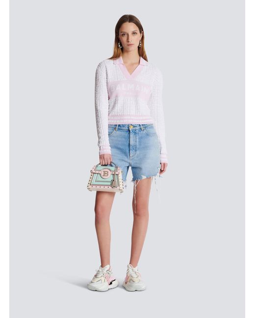 Balmain White Pb Monogram Jacquard Knit Polo Shirt