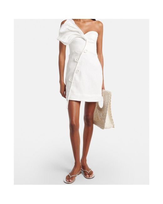 Farm Rio White Floral-Appliqué Linen Minidress