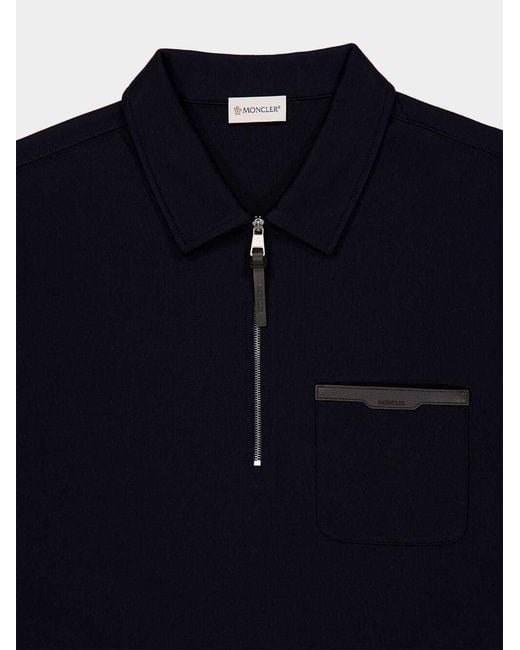Moncler Blue Leather Logo Half-Zipper Sweatshirt for men