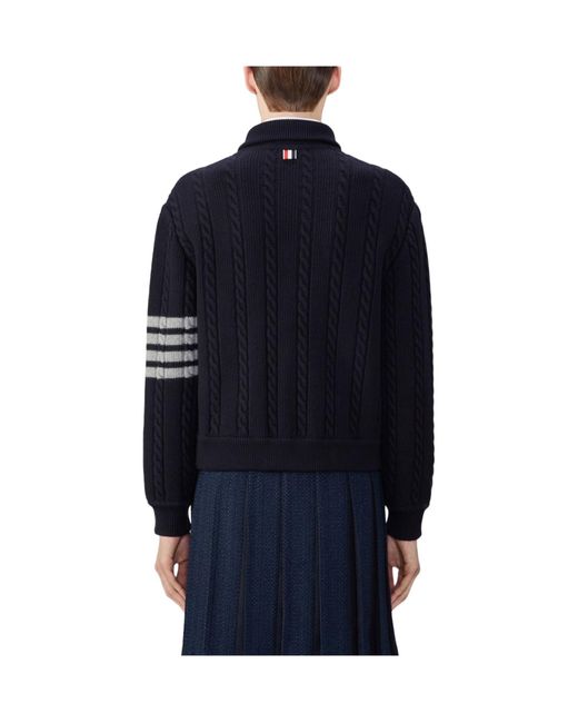 Thom Browne Blue Bar Stripe Cable-Knit Bomber Jacket for men