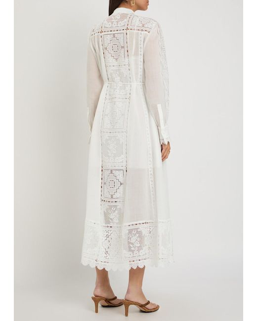 Zimmermann White Aster Embroidered Belted Ramie Midi Dress