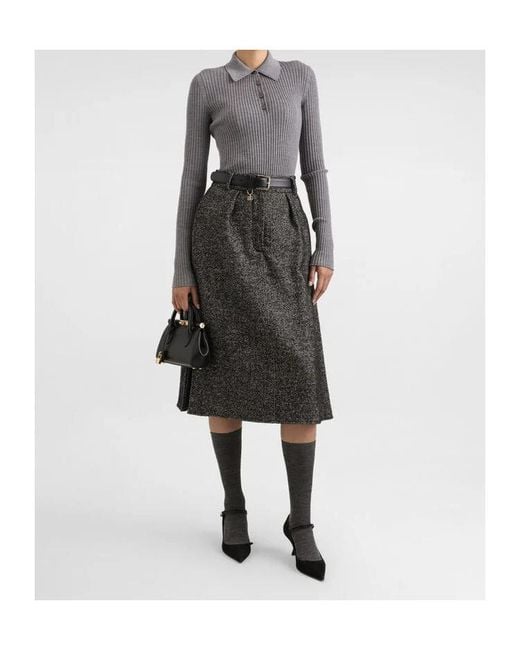Dolce & Gabbana Gray Pleated Herringbone Midi Skirt