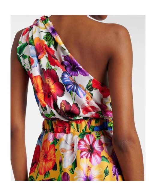 Dolce & Gabbana White Floral One-Shoulder Silk Midi Dress