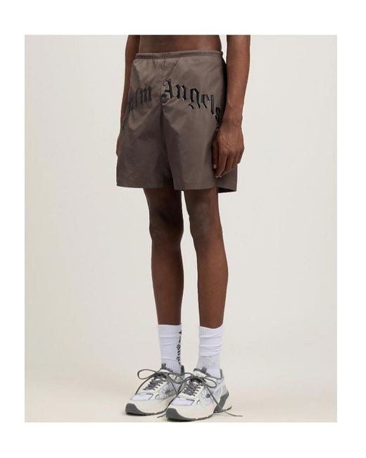 Palm Angels Gray Curved Logo Swimshorts for men