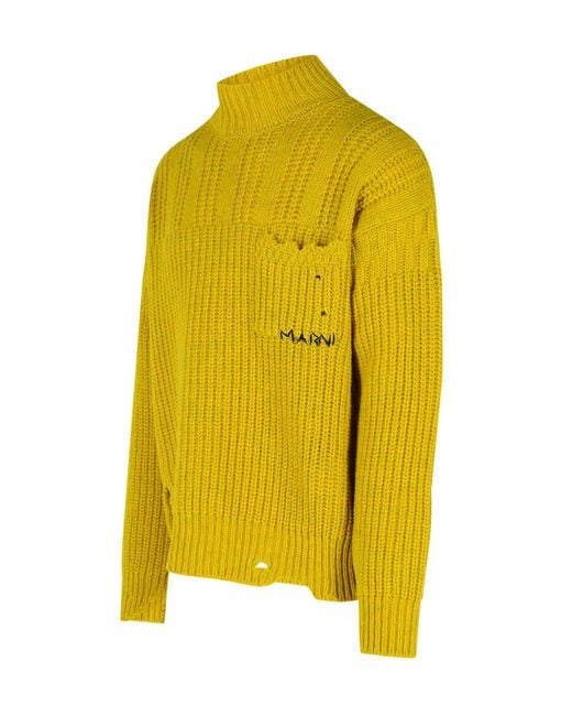 Marni Yellow Distressed Long-Sleeved Jumper for men