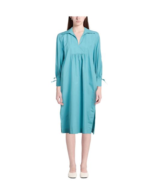 Max Mara Blue Solid-Color Long-Sleeve Shirt Dress