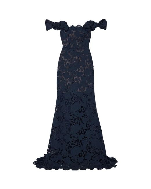 Oscar de la Renta Blue Mixed Botanical Guipure-Lace Maxi Dress