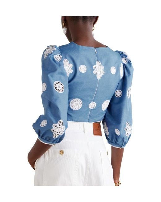 Borgo De Nor Blue Crochet Lace-Trimmed Denim Top