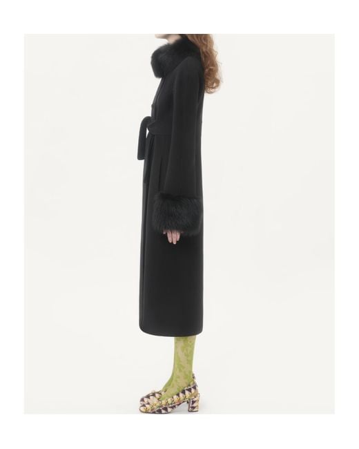 Valentino Black Faux Fur-Trimmed Double-Breasted Coat