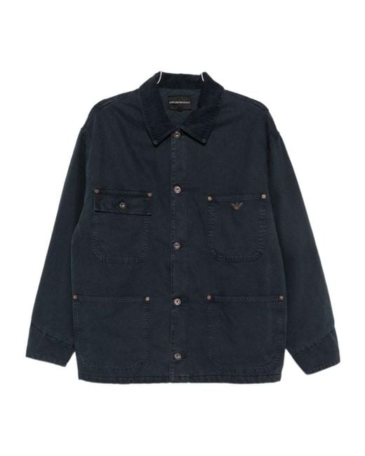 Emporio Armani Blue Corduroy-Collar Logo-Plaque Jacket for men