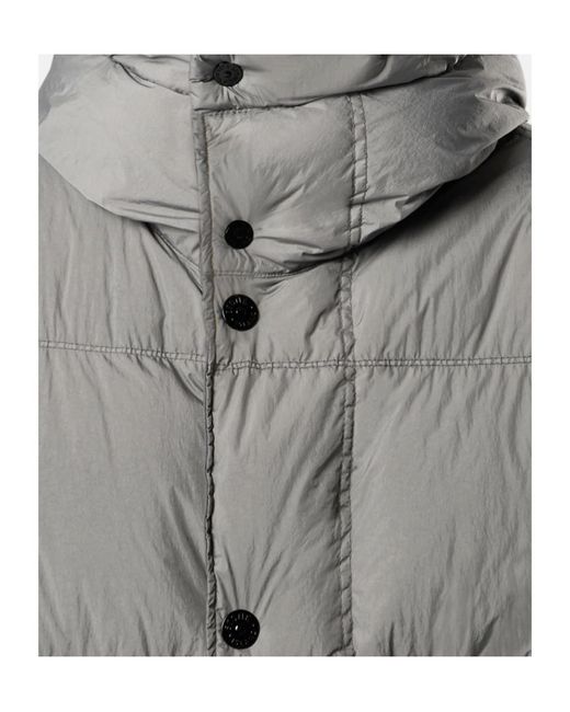 Stone Island Gray Quilted Hooded Down Jacket With Angular Flap Pockets for men