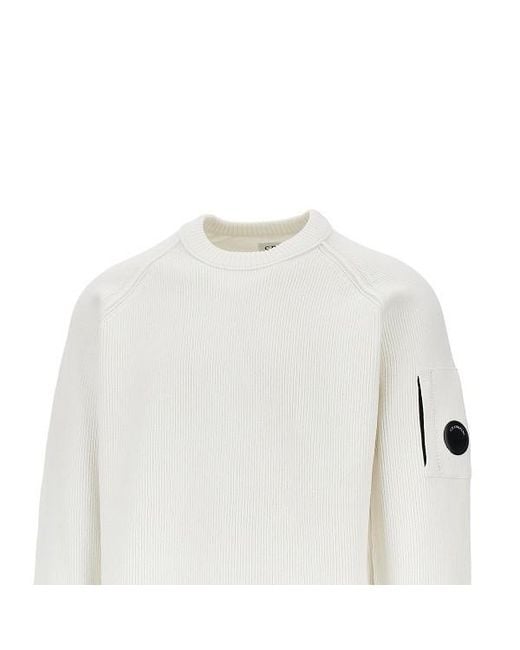 C P Company White Lens-Detail Ribbed-Knit Sweater for men