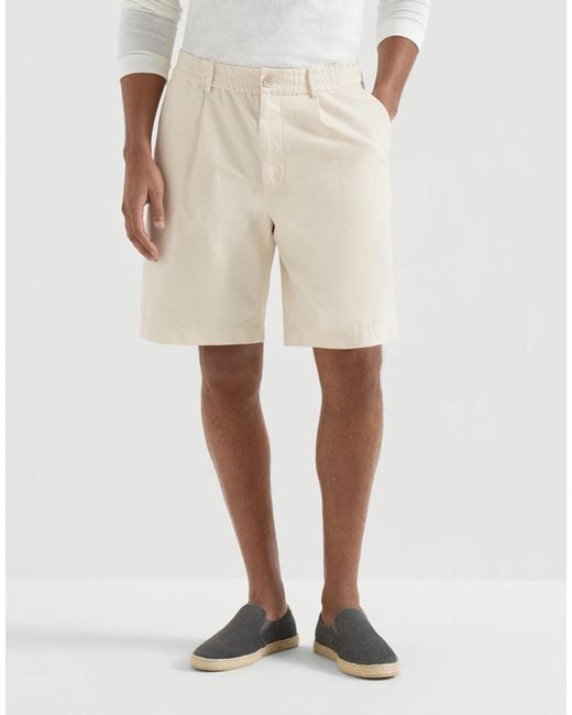 Brunello Cucinelli Natural Twisted Cotton Gabardine Bermuda Shorts With Elasticated Waistband for men