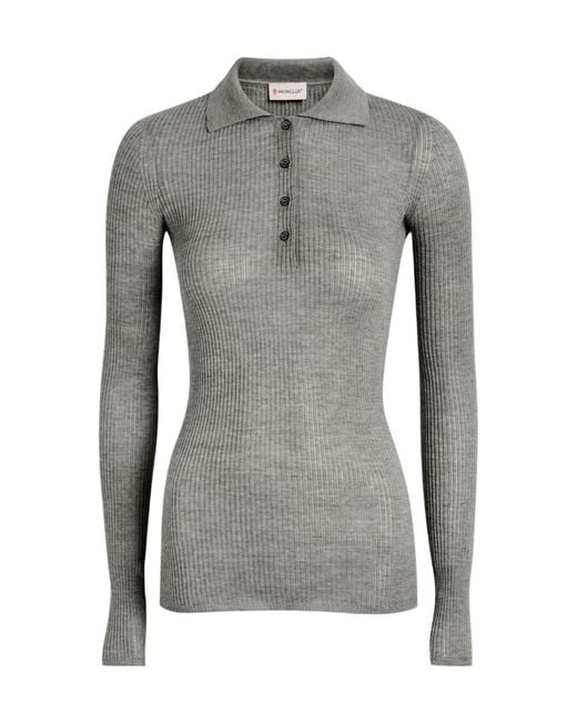 Moncler Gray Ribbed Wool Polo Top
