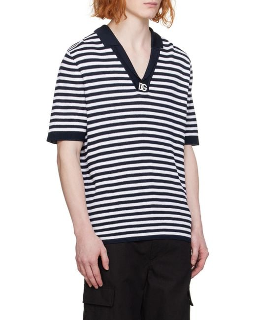 Dolce & Gabbana Blue Dg Logo Embroidered Striped V-Neck Polo Shirt for men