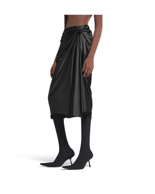 Balenciaga Black Satin Gathered Midi Skirt