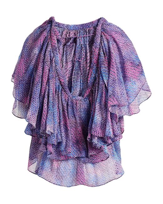 Isabel Marant Purple Multicolored Ruffled Short-Sleeved Top