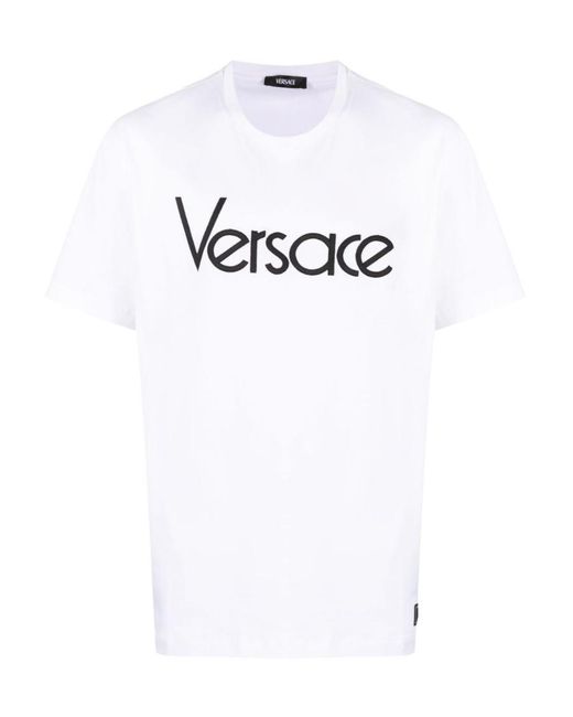 Versace White Logo Embroidered Crewneck T-Shirt for men