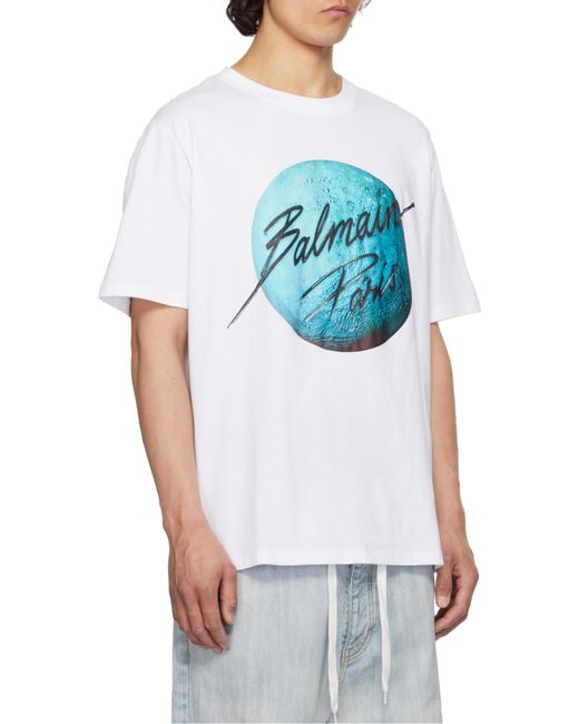 Balmain White Printed Paris Logo And Planet T-Shirt for men