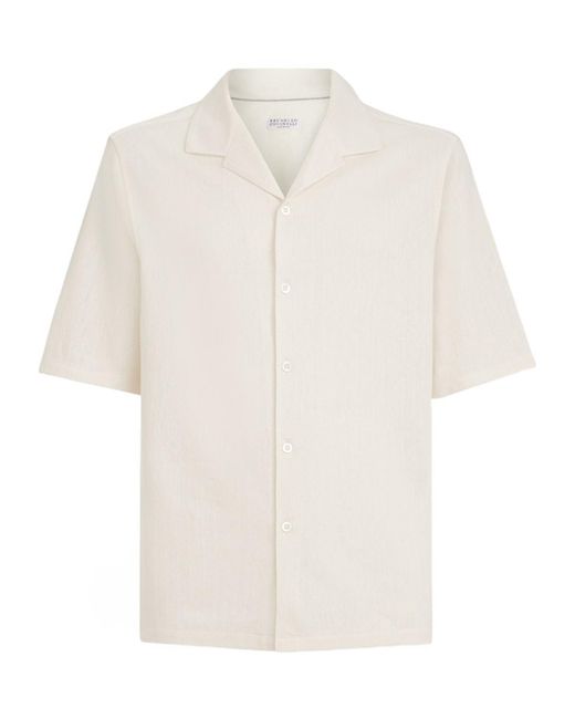 Brunello Cucinelli White Linen And Cotton Chevron Jersey Short Sleeve Shirt With Camp Collar for men