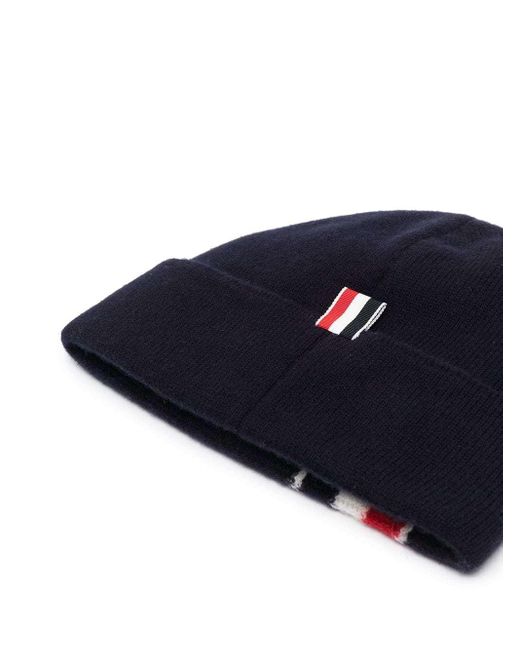 Thom Browne Blue Stripe Detail Merino Beanie for men