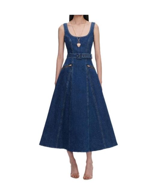 Self-Portrait Blue Belt-Detail Flared Midi Denim Dress