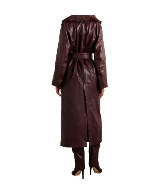 Nour Hammour Red Briona Belted Shearling-Trimmed Leather Coat