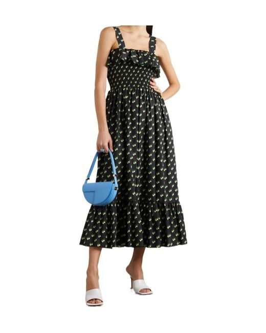 LaDoubleJ Black Sunkissed Convertible Shirred Printed Cotton-Poplin Maxi Dress