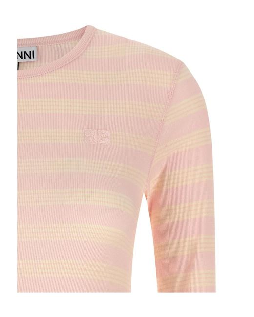 Ganni Pink Stripe Rib Long Sleeved Jumper
