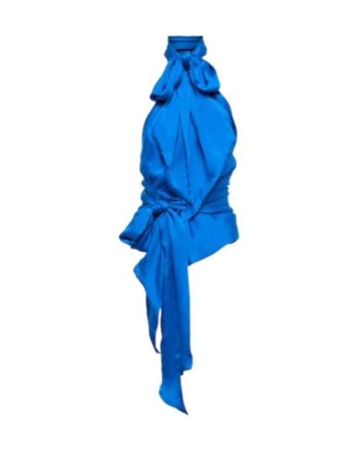 Alexandre Vauthier Blue Silk Charmeuse Tie-Neck Top