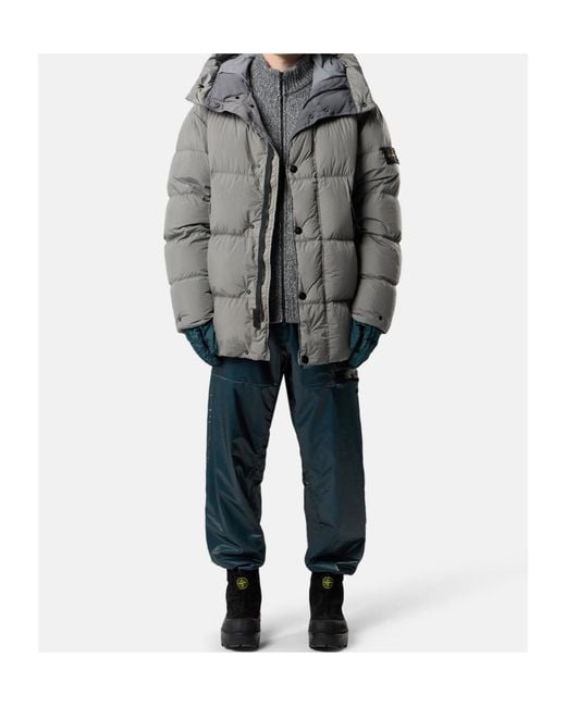 Stone Island Gray Quilted Hooded Down Jacket With Angular Flap Pockets for men