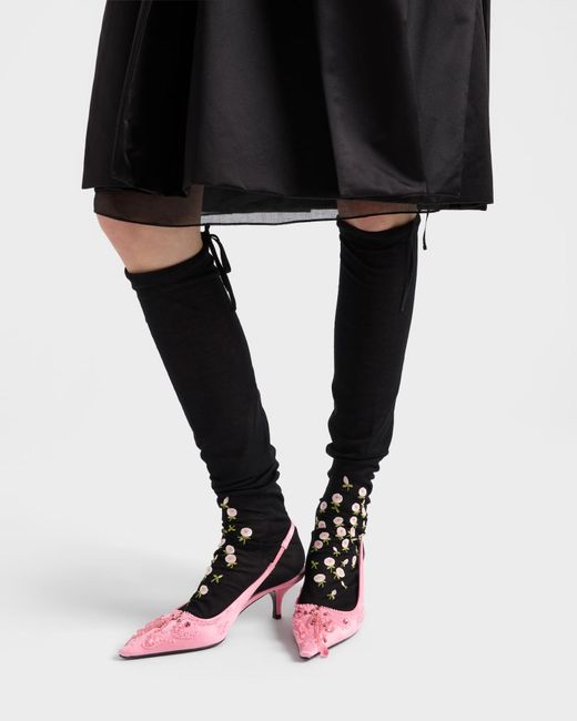 Prada Pink Embroidered Satin Slingback Pumps