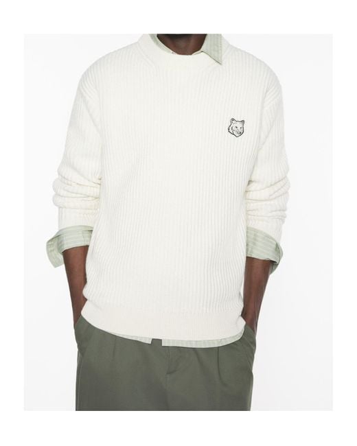 Maison Kitsuné White Maison Kitsuné Fox Head Ribbed Jumper for men