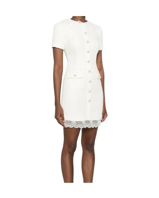 Self-Portrait White Cream Bouclé Lace-Trim Tailored Mini Dress