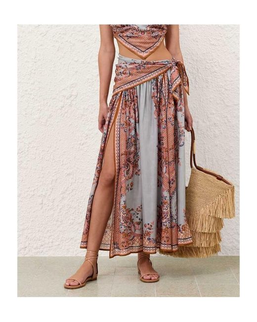 Zimmermann Red Aster Scarf Paisley Floral Printed Midi Skirt